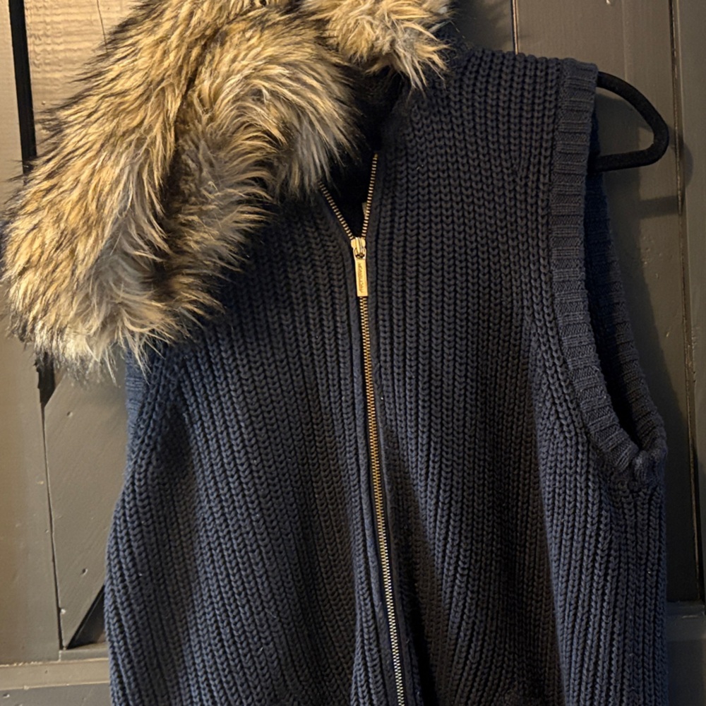 Michael Kors Navy Knit Vest with Faux Fur Hood